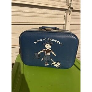 Vintage Trojan Going to Grandma's Boy Suitcase Small Luggage Blue Hard Shell